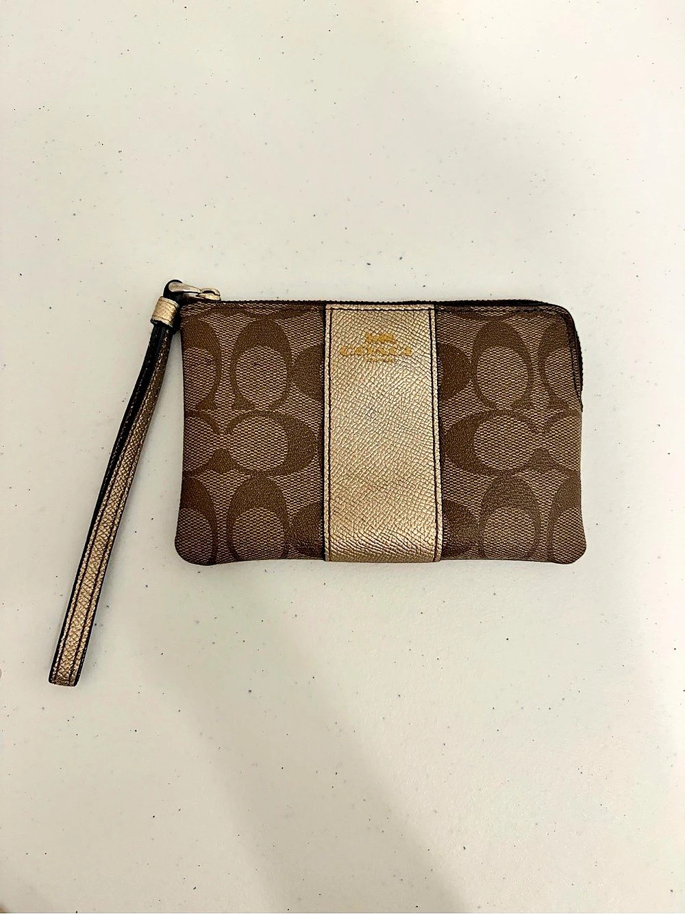 Coach Signature Stripe Small Wristlet Brown & Tan